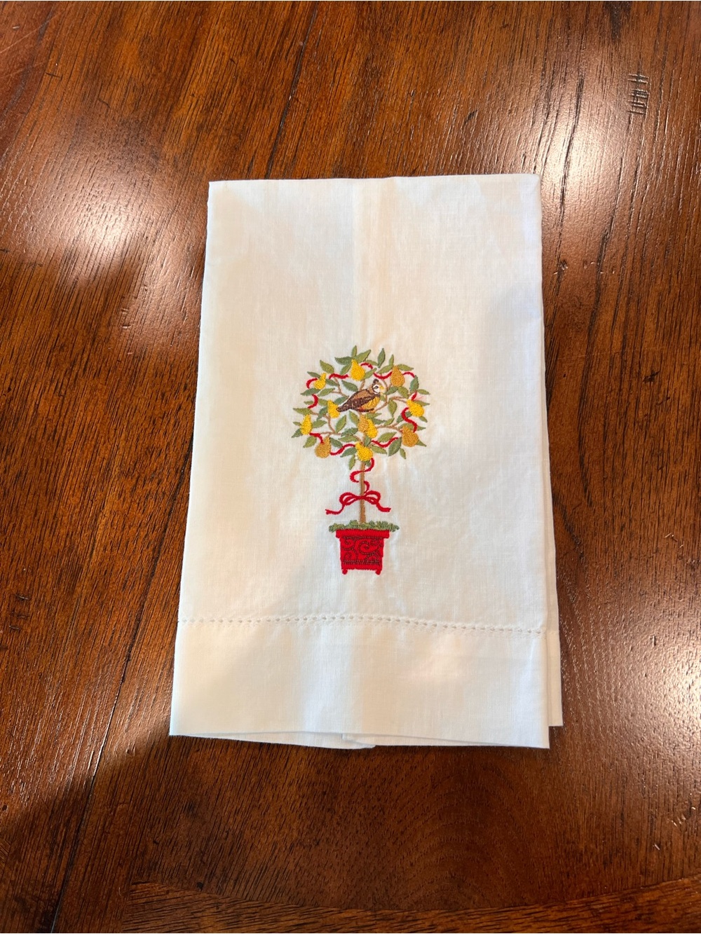 Embroidered White Cotton and Linen Guest Towel with Red Topiary Design